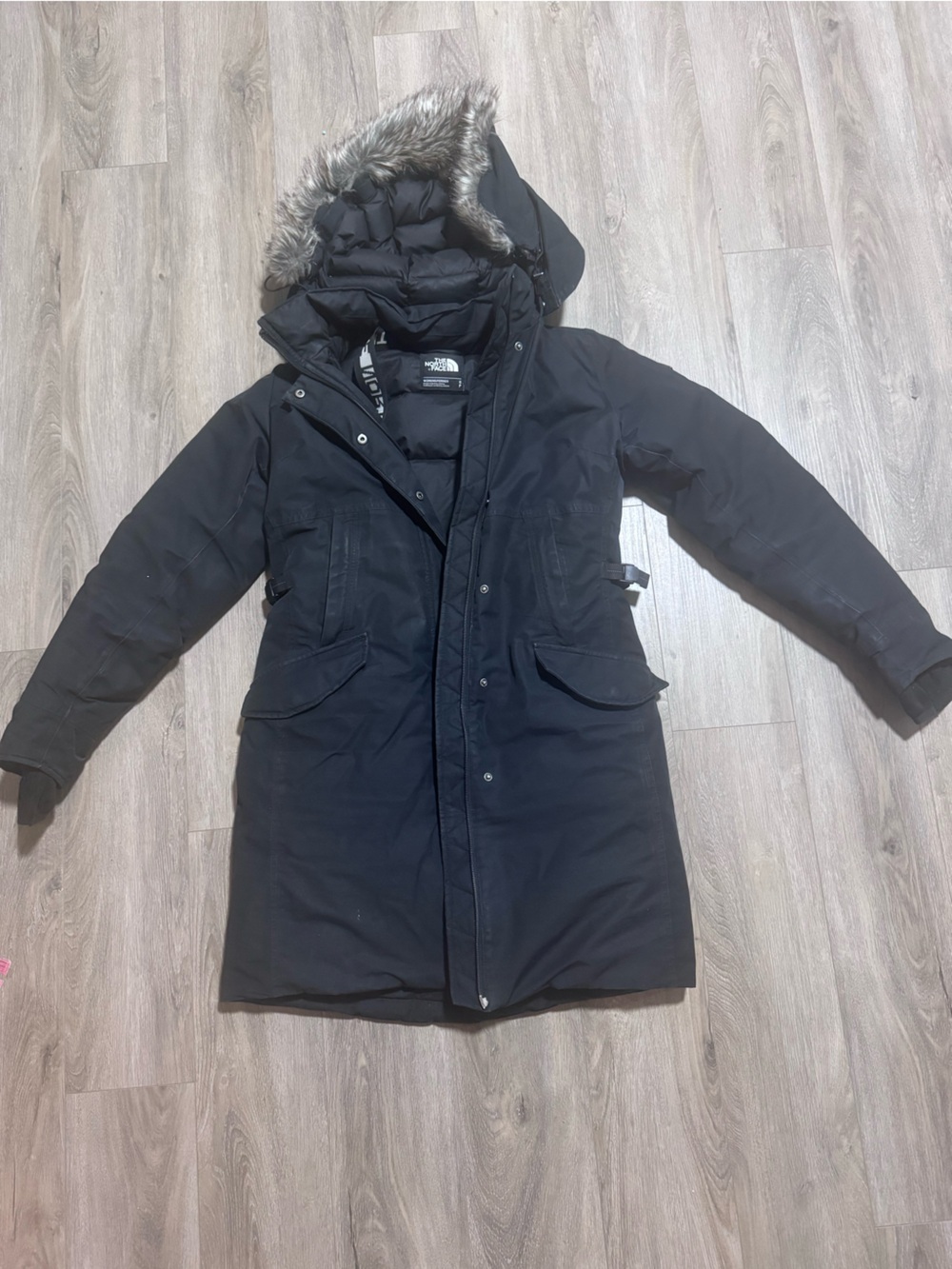 The North Face Arctic Down Parka Black Faux Fur Belted Jacket Small